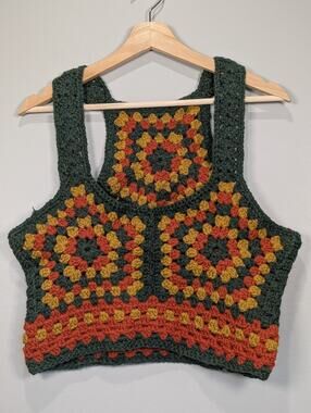 Crochet Crop Top Handmade Granny Square Festival Boho Green Orange Size M...